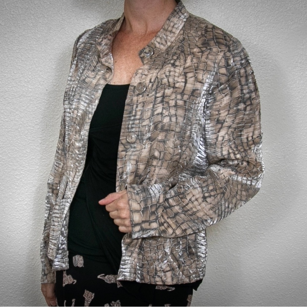 Chico’s lightweight jacket. Textured snake print, metallic sheen. Like n…